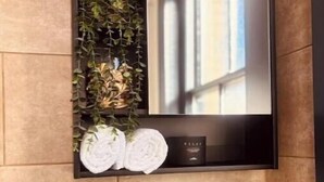 A wall-mounted TV with a mirror above it, a rolled towel, and a small plant below. - Apartment 1
Modern, Cozy Apartment in a Prime Central Location (Norwich)