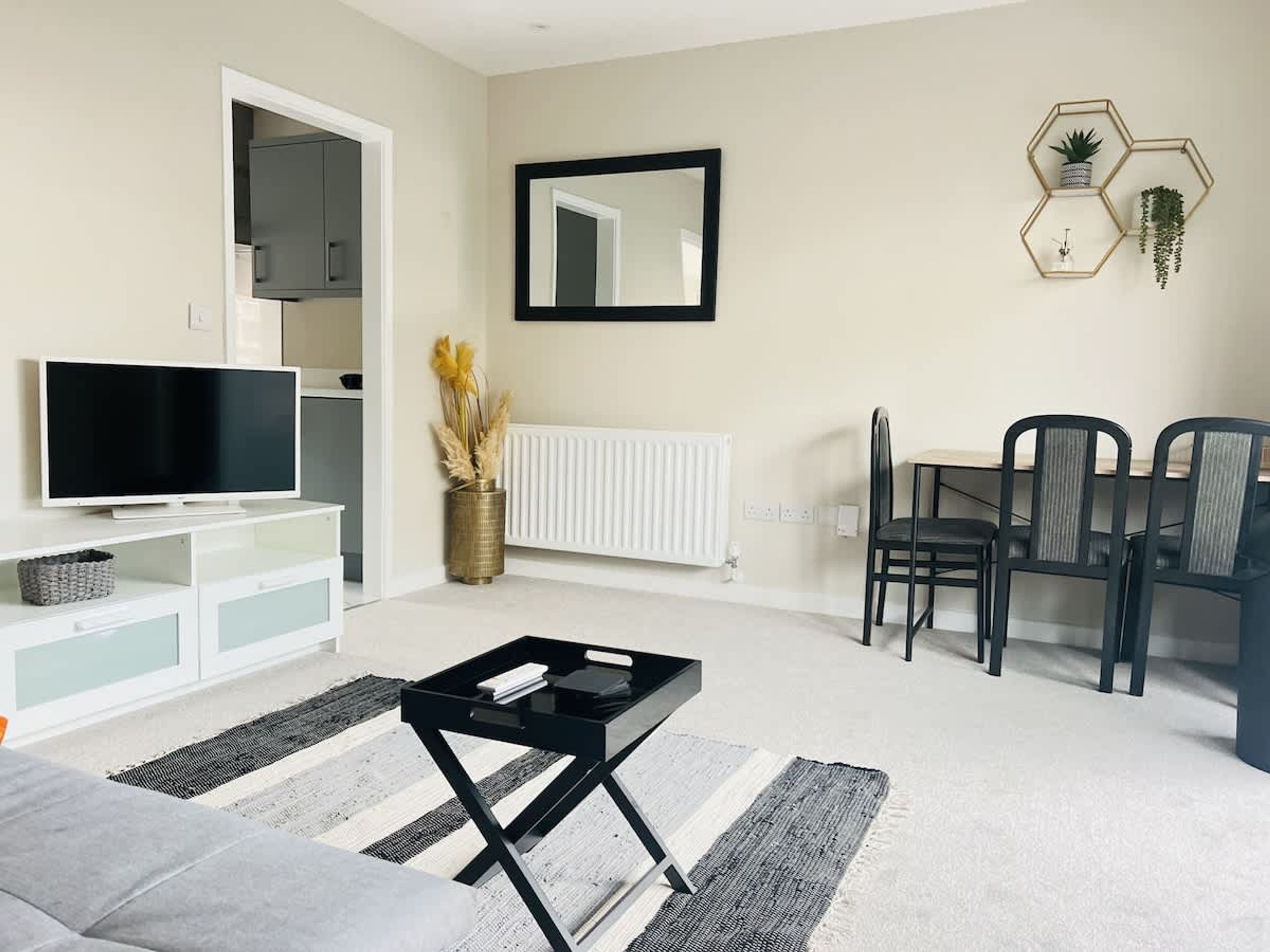 A modern living room with a flat-screen TV, a dining area with chairs, a black coffee table, a sofa, a radiator, and a wall-mounted mirror.