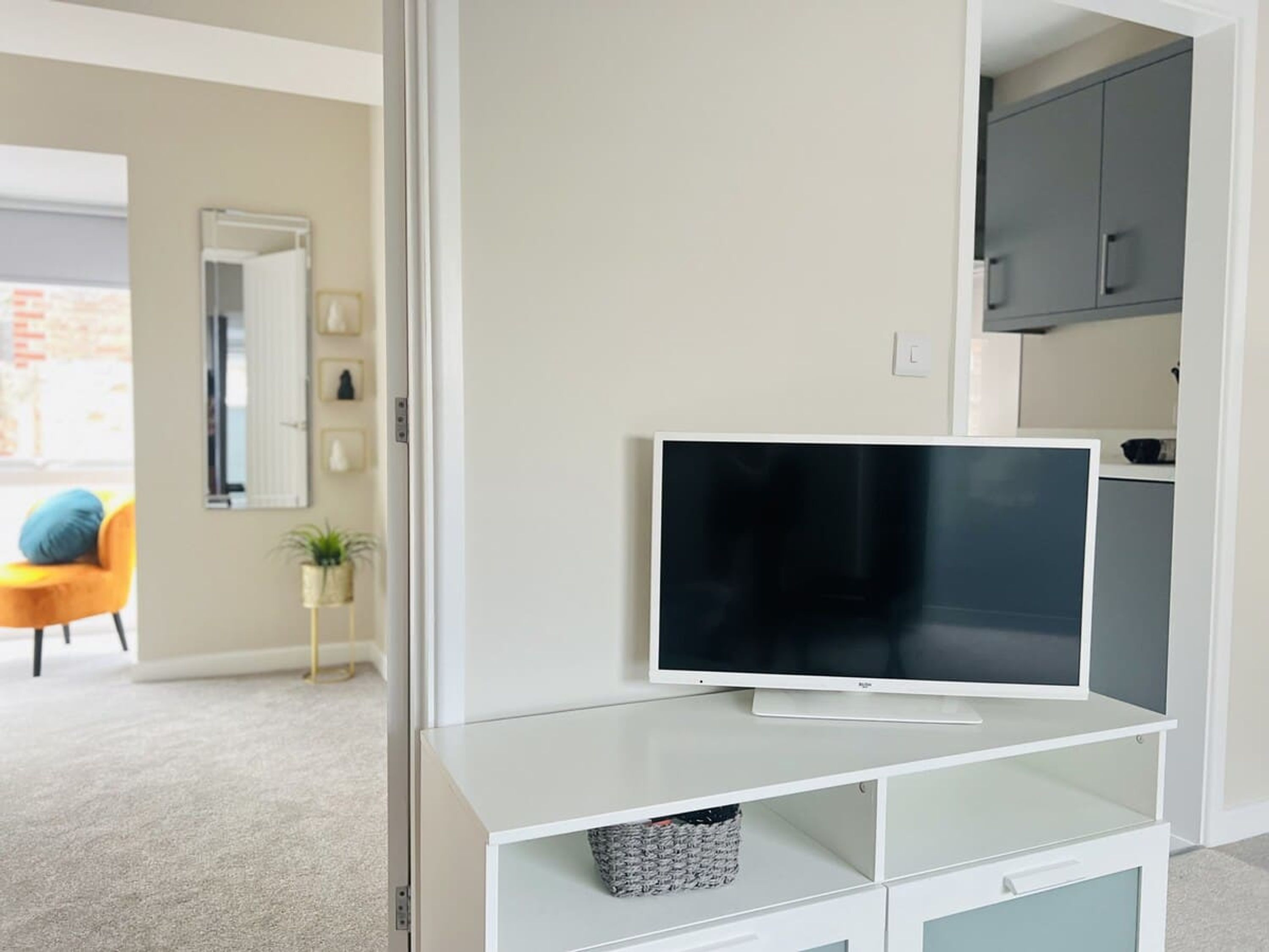 A modern living room with a flat-screen TV on a white stand, a small plant, and a grey cabinet.