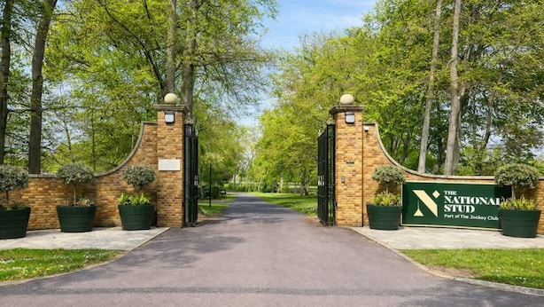A gated entrance to The National Stud, part of The Jockey Club, with brick walls and potted plants. - Amber 1BR Apart 14 min Walk to Tattersalls (Newmarket)