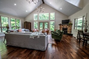 Smart TV, fireplace, books