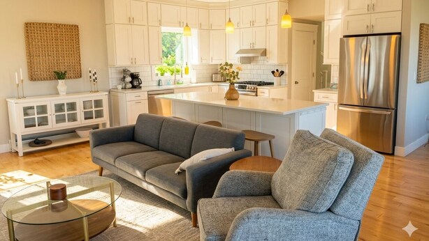 Eine moderne Küche mit weißen Schränken, einem grauen Sofa und einem Edelstahl-Kühlschrank.