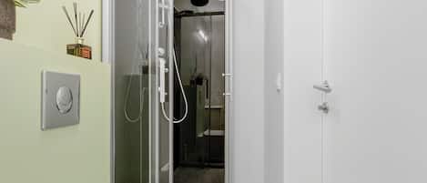 A modern bathroom with a glass-enclosed shower, a white sink, and a potted plant on the wall.