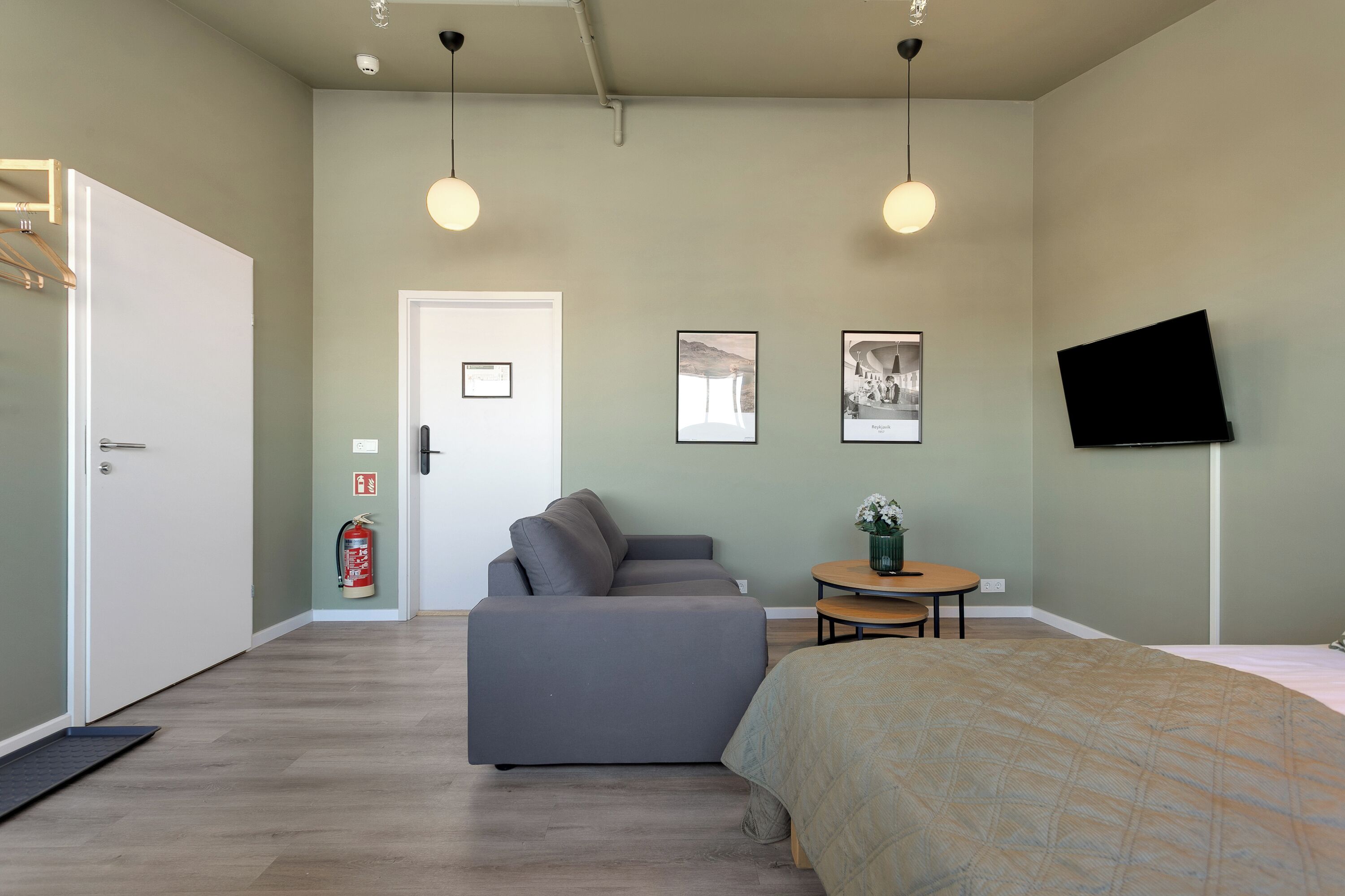 A hotel room with a grey sofa, a bed with a patterned bedspread, a small round table with a plant, a mounted TV, and a fire extinguisher on the wall.