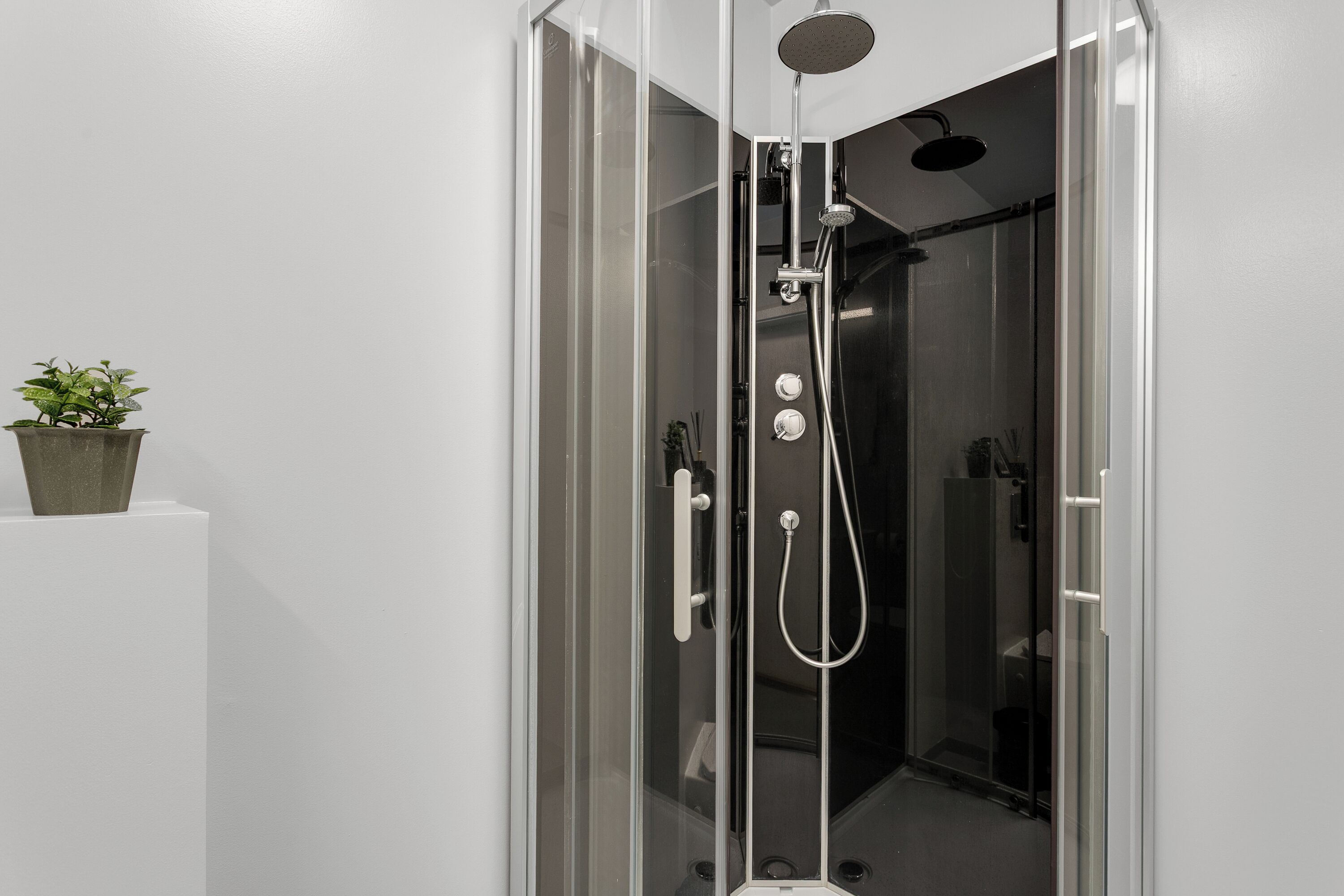 Een douche, een haardroger, handdoeken, zeep