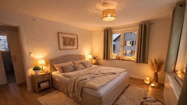 Un dormitorio con cama, mesitas de noche, lámpara, ventana con cortinas, una obra de arte en la pared y un radiador.
