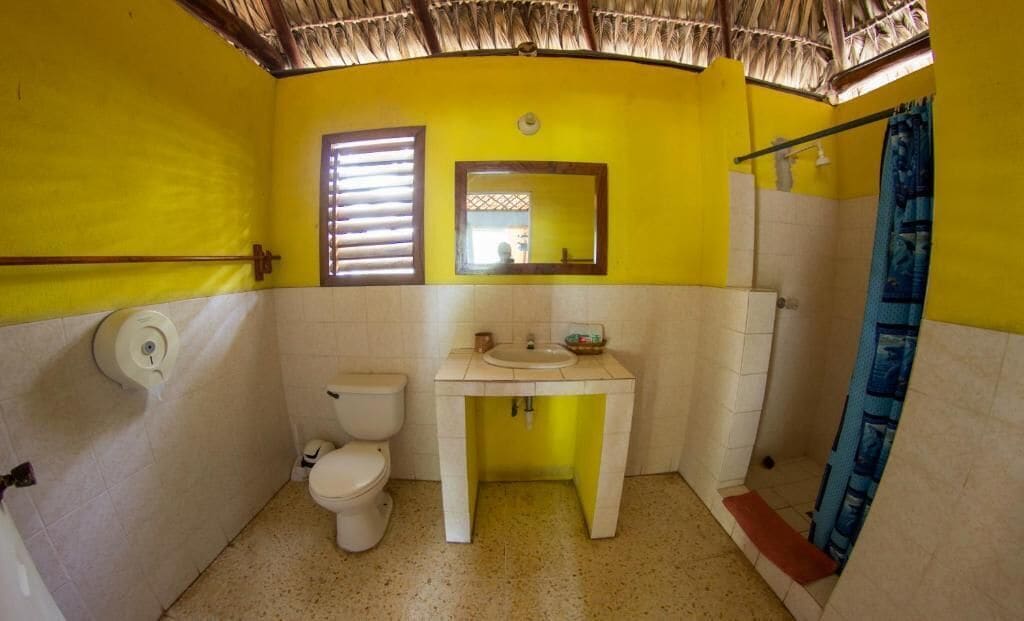 Casa de banho com sanita, lavatório, espelho e cortina de chuveiro.