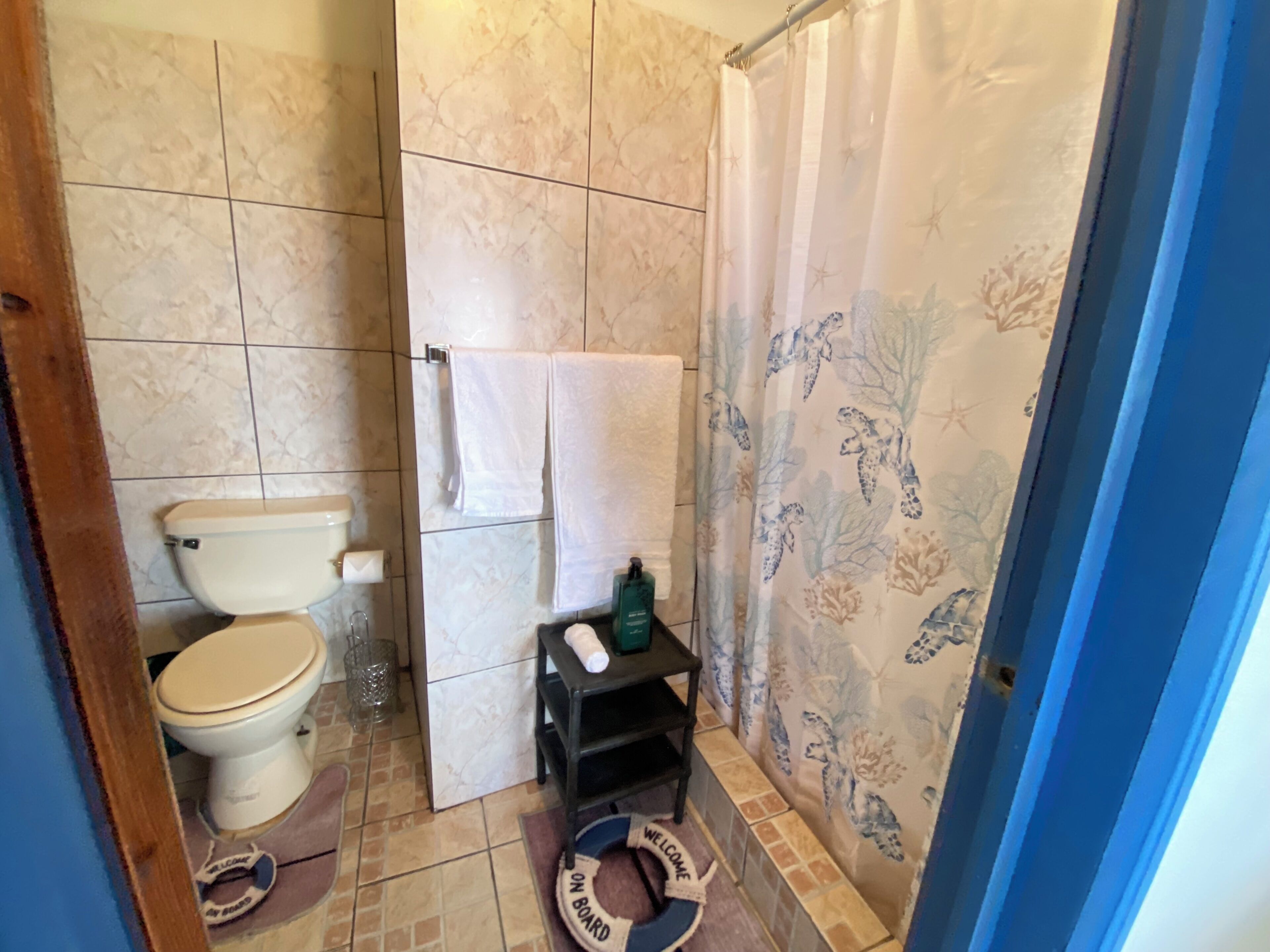 A bathroom with a toilet, a shower curtain, and a small shelf with toiletries.