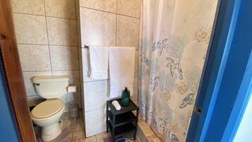 A bathroom with a toilet, a shower curtain, and a small shelf with toiletries.