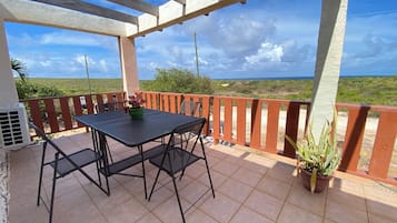 Une terrasse extérieure avec une table et des chaises, un pot de fleurs et une vue sur le paysage.