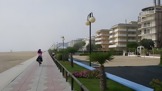 A coastal walkway with a tiled path, palm trees, and a building with balconies.