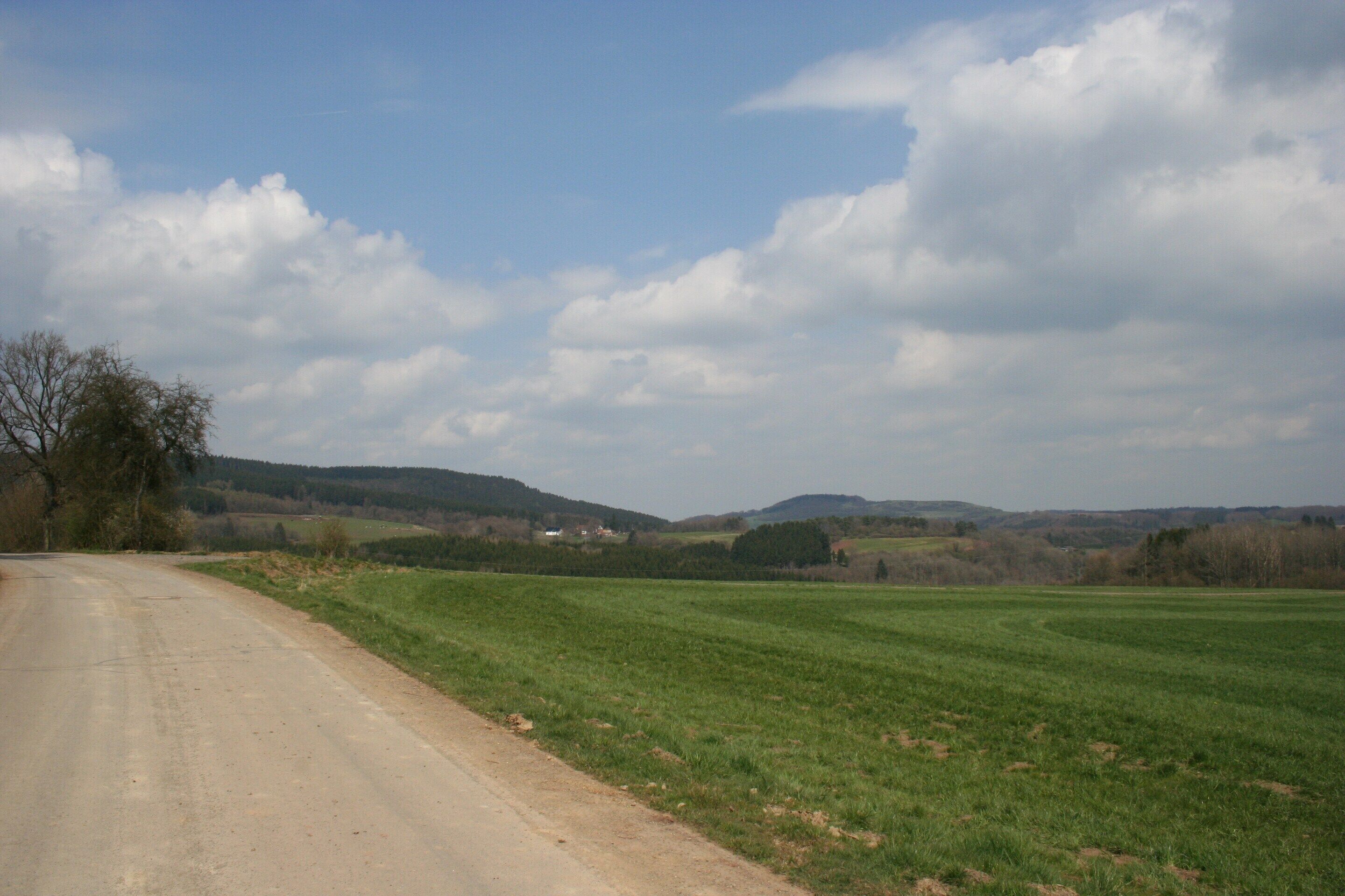 Une route de campagne bordée de champs verdoyants et avec des collines en arrière-plan.
