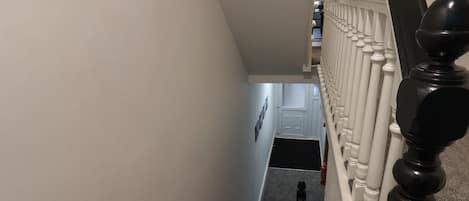 A staircase with white balusters and a black handrail, leading to a landing with a door and a fire extinguisher.