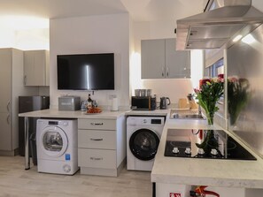 A compact kitchen with a washing machine, a microwave, a toaster, and a sink. - Frankies Seaview 3 (Bridlington)