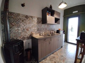 Fridge, microwave, electric kettle, toaster