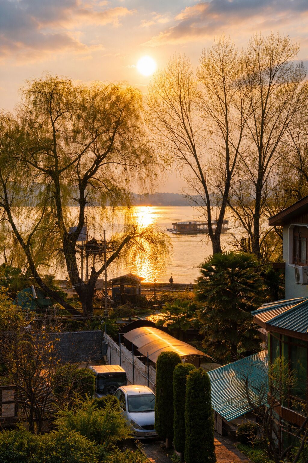 A lakeside view with trees, a boat, and a building with a sloped roof.