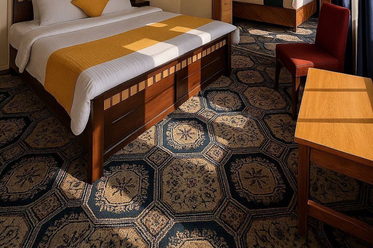 A hotel room with a large bed, a smaller bed, a wooden chair, a table, and a decorative ceiling.