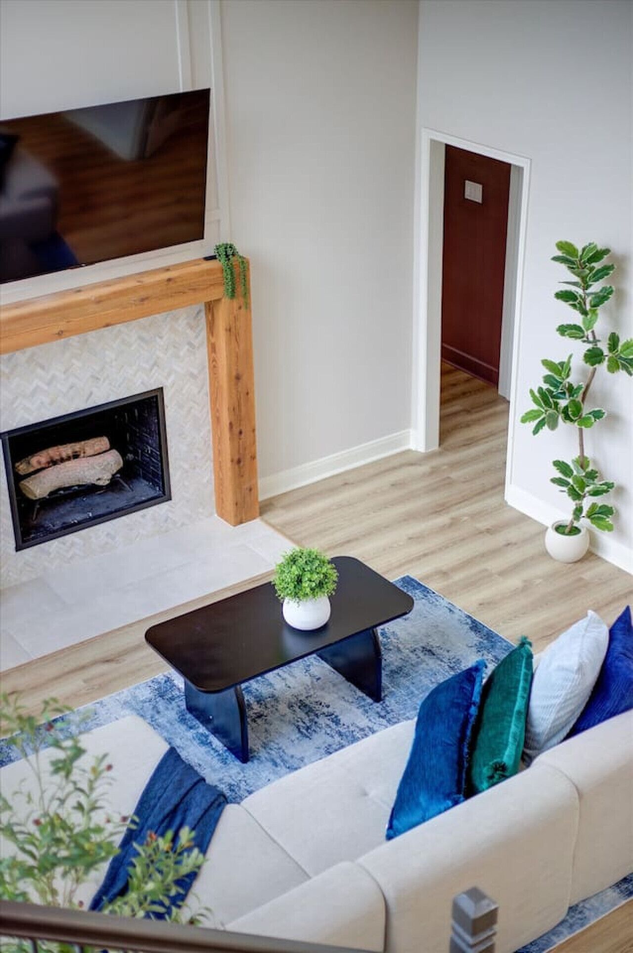 A living room with a fireplace, a sofa, a coffee table, and a plant.