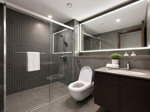 Shower, hair dryer, bidet, towels