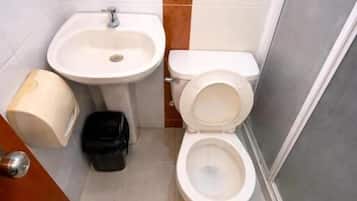 Shower, free toiletries, towels, toilet paper