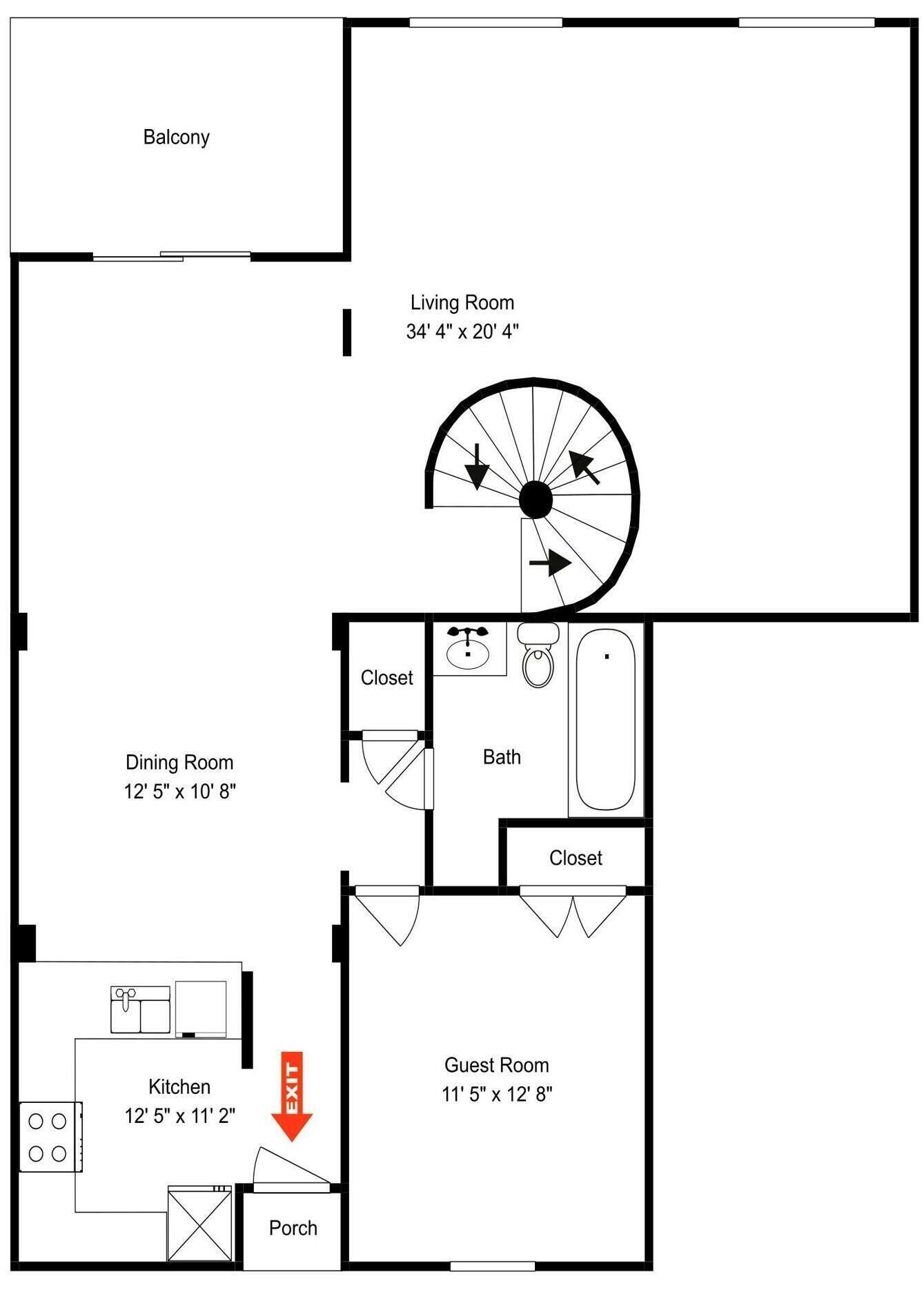 Een plattegrond met een balkon, woonkamer, eetkamer, keuken, badkamer, logeerkamer en twee inloopkasten.