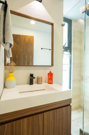 Shower, hair dryer, towels, shampoo - Chic Roma Norte Studio w/ Private Balcony (Mexico City)