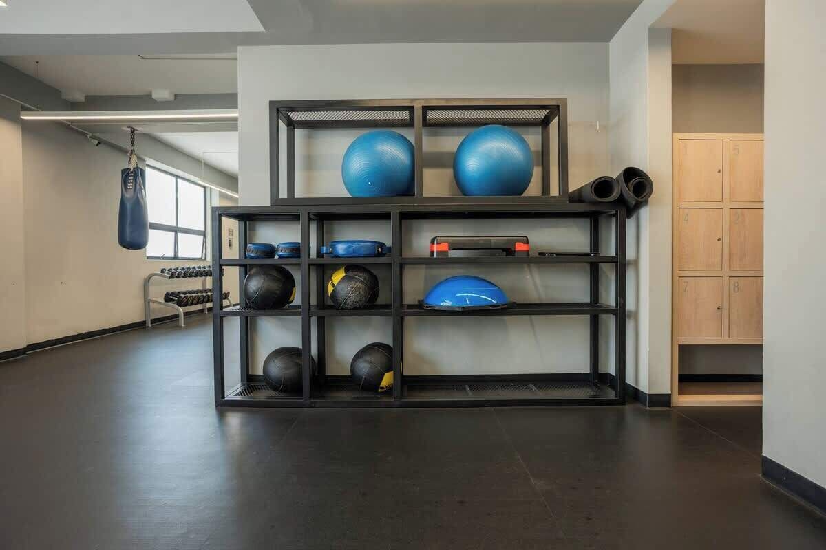 A gym with exercise equipment, including a punching bag, medicine balls, and weight plates.
