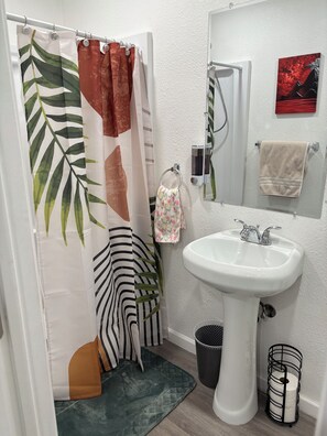 Douche, sèche-cheveux, serviettes fournies, savon