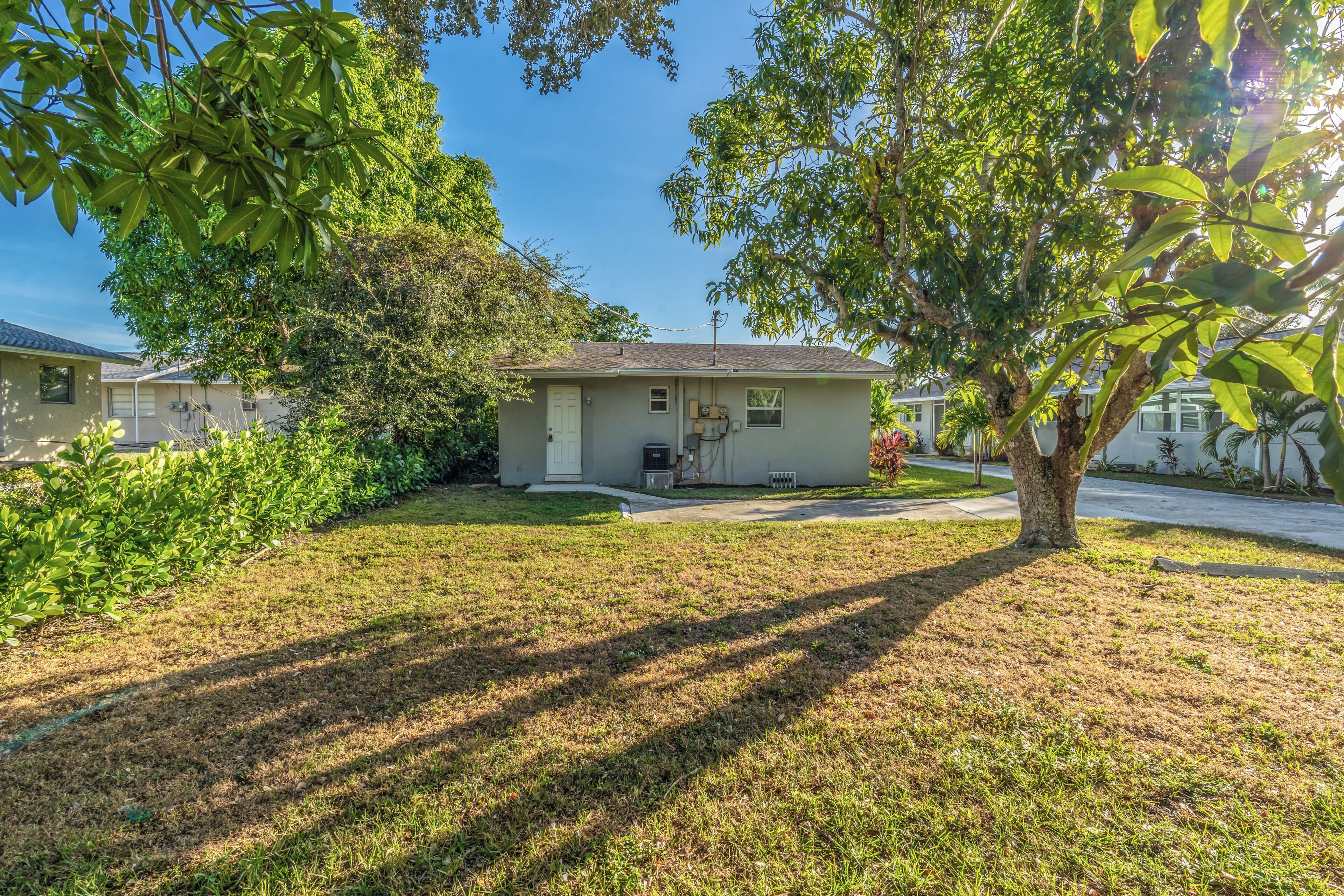 A single-story house with a front yard, a driveway, and a tree.