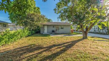 A single-story house with a front yard, a driveway, and a tree.