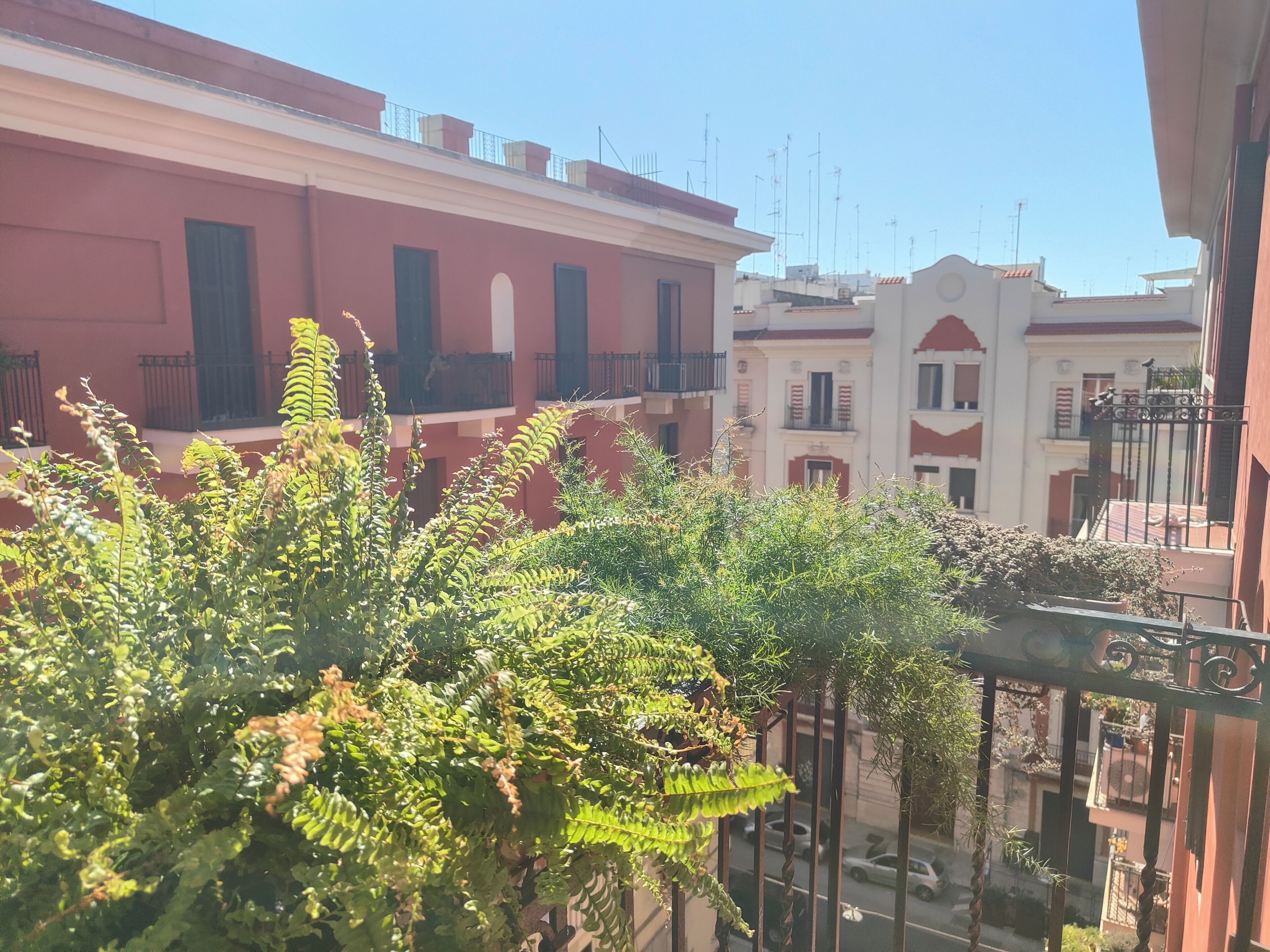 A courtyard with red buildings, a balcony, and greenery.