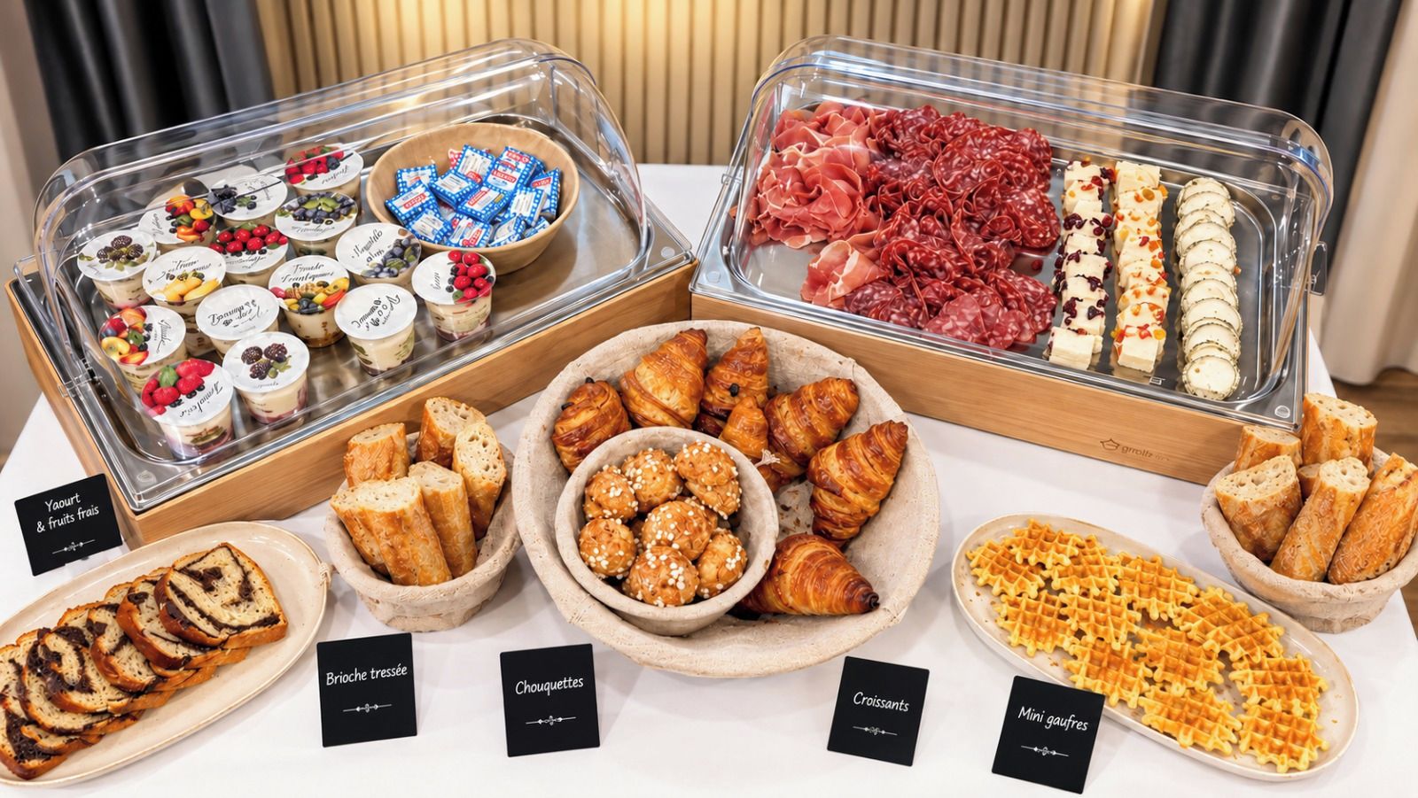 A buffet with various food items including pastries, bread, and desserts.