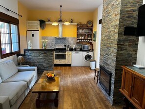 A compact kitchen with a stone wall, a dining area with a sofa and a table, and a fireplace.