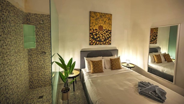 Habitación de hotel con ducha, cama con almohadas estampadas, un espejo grande y una planta en maceta.