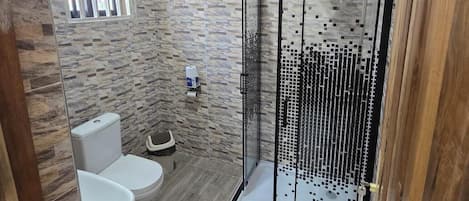 シャワー、タオル、石鹸、トイレットペーパー