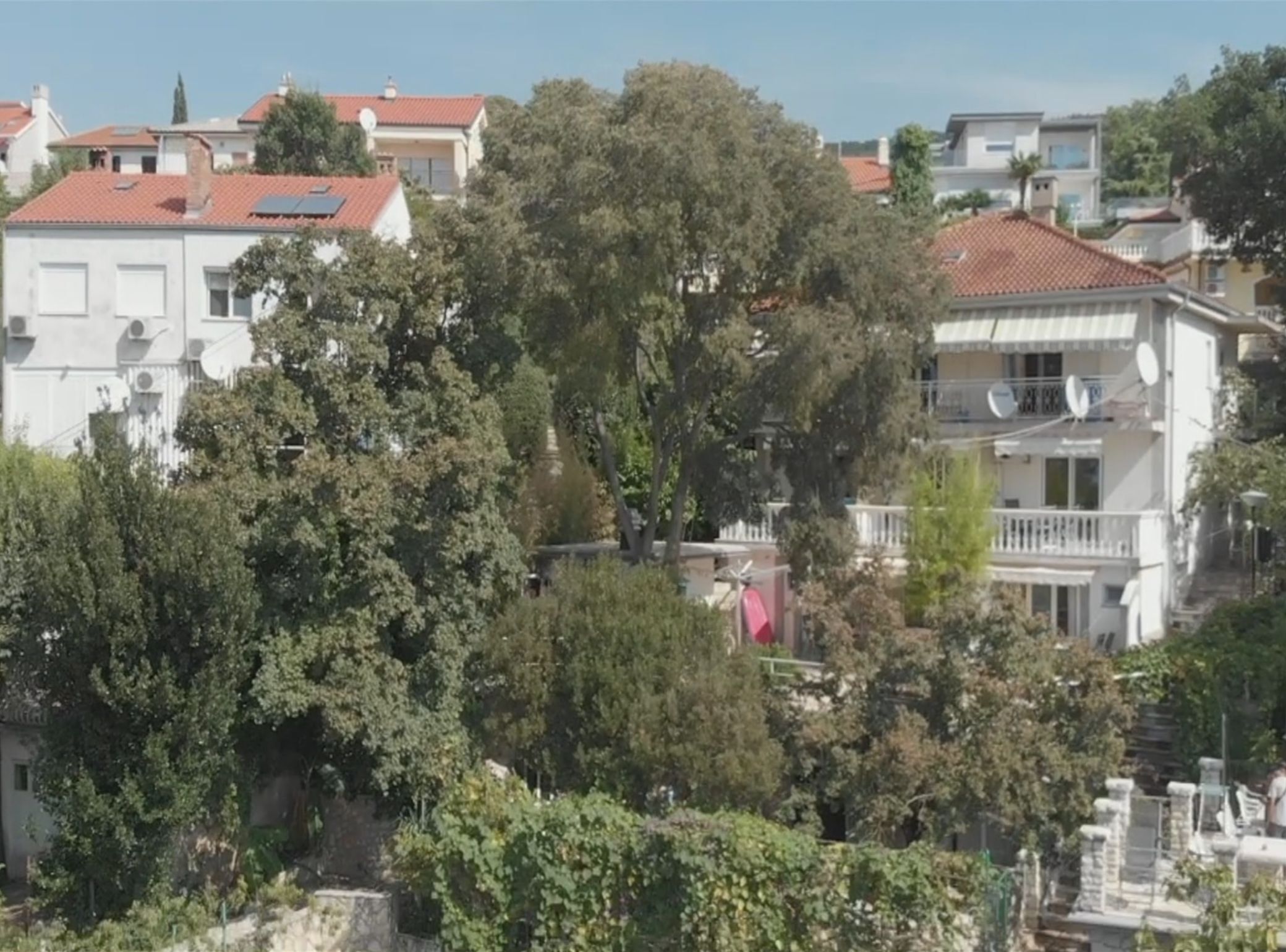 Un quartier résidentiel composé de plusieurs immeubles, d’arbres et offrant une vue sur un ciel dégagé.