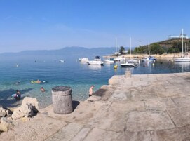A coastal marina with boats, clear water, and a stone walkway.