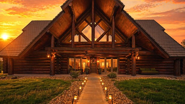 A log cabin with a central entrance, a covered porch, and a pathway leading to the door. - Luxury Lodge +Guest House + Sleeps 14  + World Cup (Greenwood)