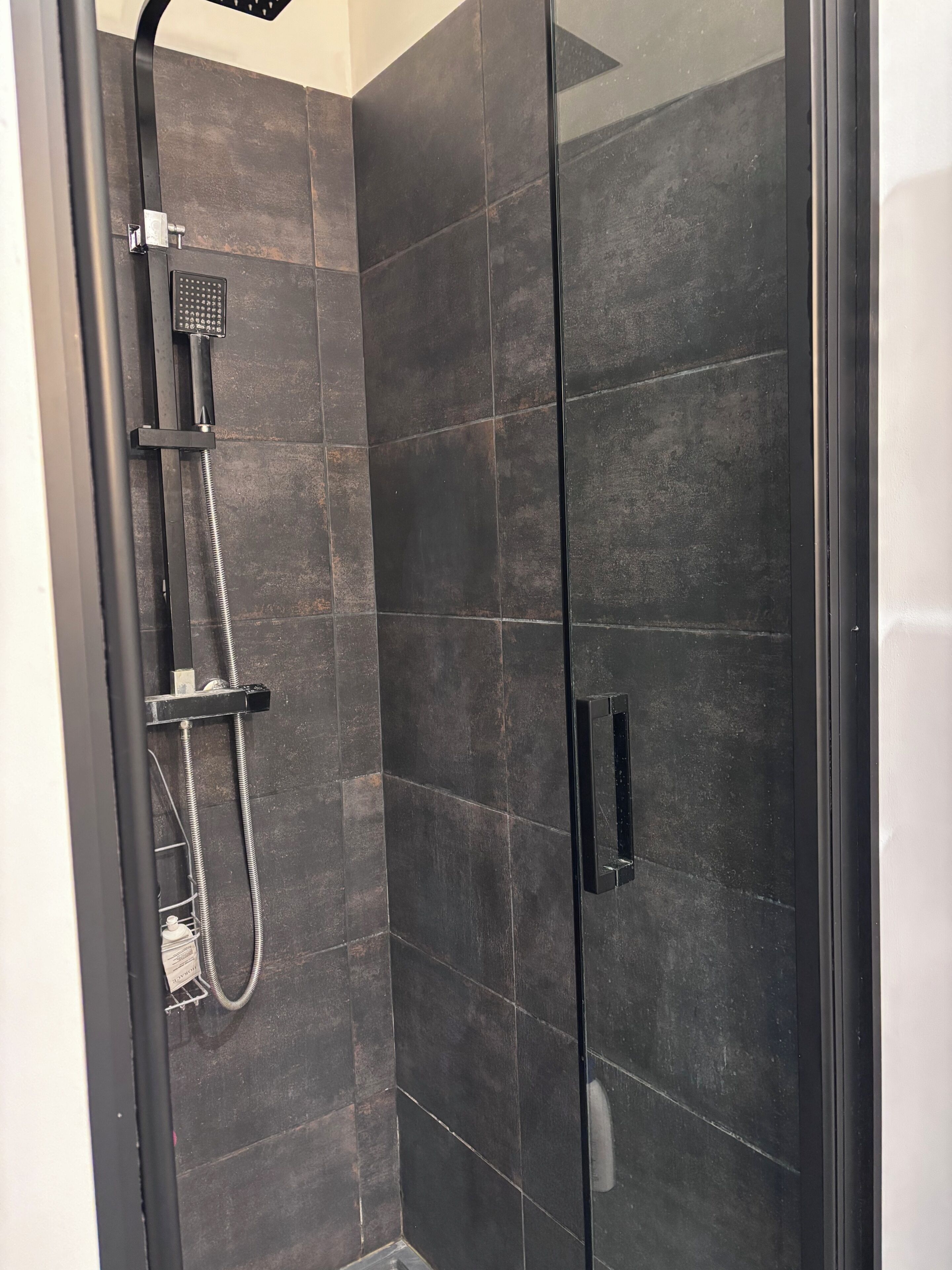 A modern shower with a handheld showerhead and a handheld hose.