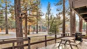 A wooden deck with a grill and picnic table, surrounded by tall pine trees. - 2594-willow Bear Lodge (Big Bear Lake)