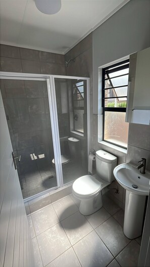 A modern bathroom with a glass-enclosed shower, two toilets, a sink, and a window.