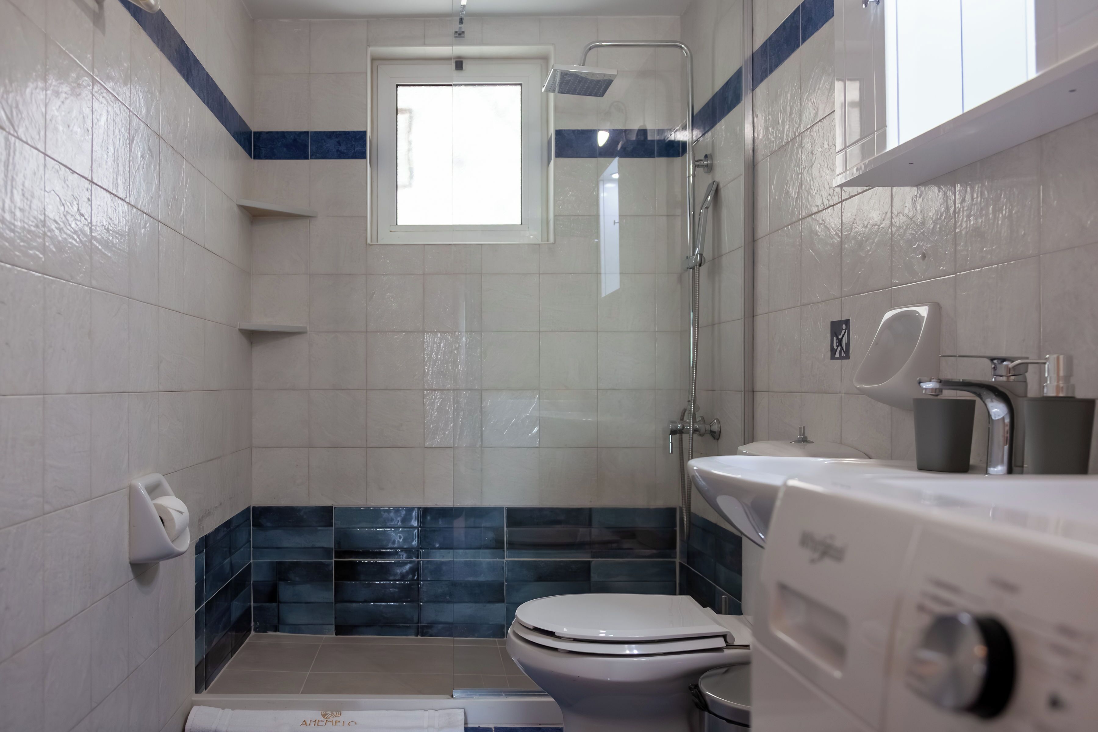 A bathroom with a toilet, a shower, a sink, and a window.