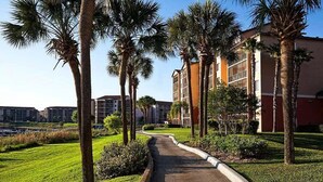 A pathway lined with palm trees leading to a building with multiple floors and large windows. - Orlando Studio Villa Near Disney - Westgate Lakes (Orlando)