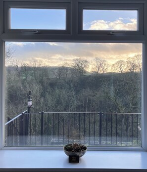 A window with a view of a landscape, a railing, and a bowl of flowers on the windowsill. - DALE VIEW, Youlgreave, bright and cozy cottage in the heart of the Peak District (Youlgreave)