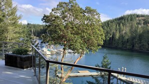 Vista de un lago con barcos, un muelle y un árbol en primer plano.