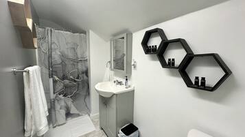 Shower, hair dryer, towels, soap