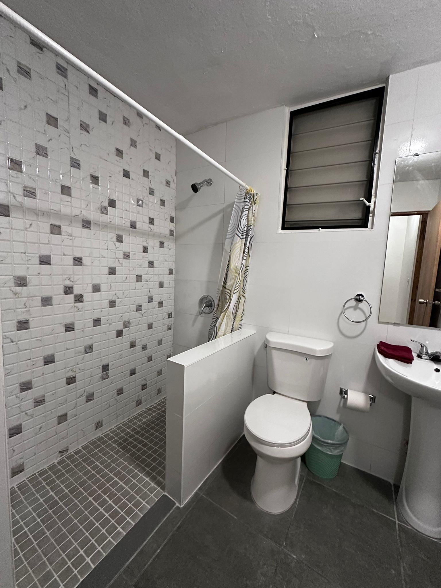 Hair dryer, towels, toilet paper