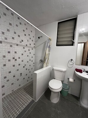 Een haardroger, handdoeken, toiletpapier