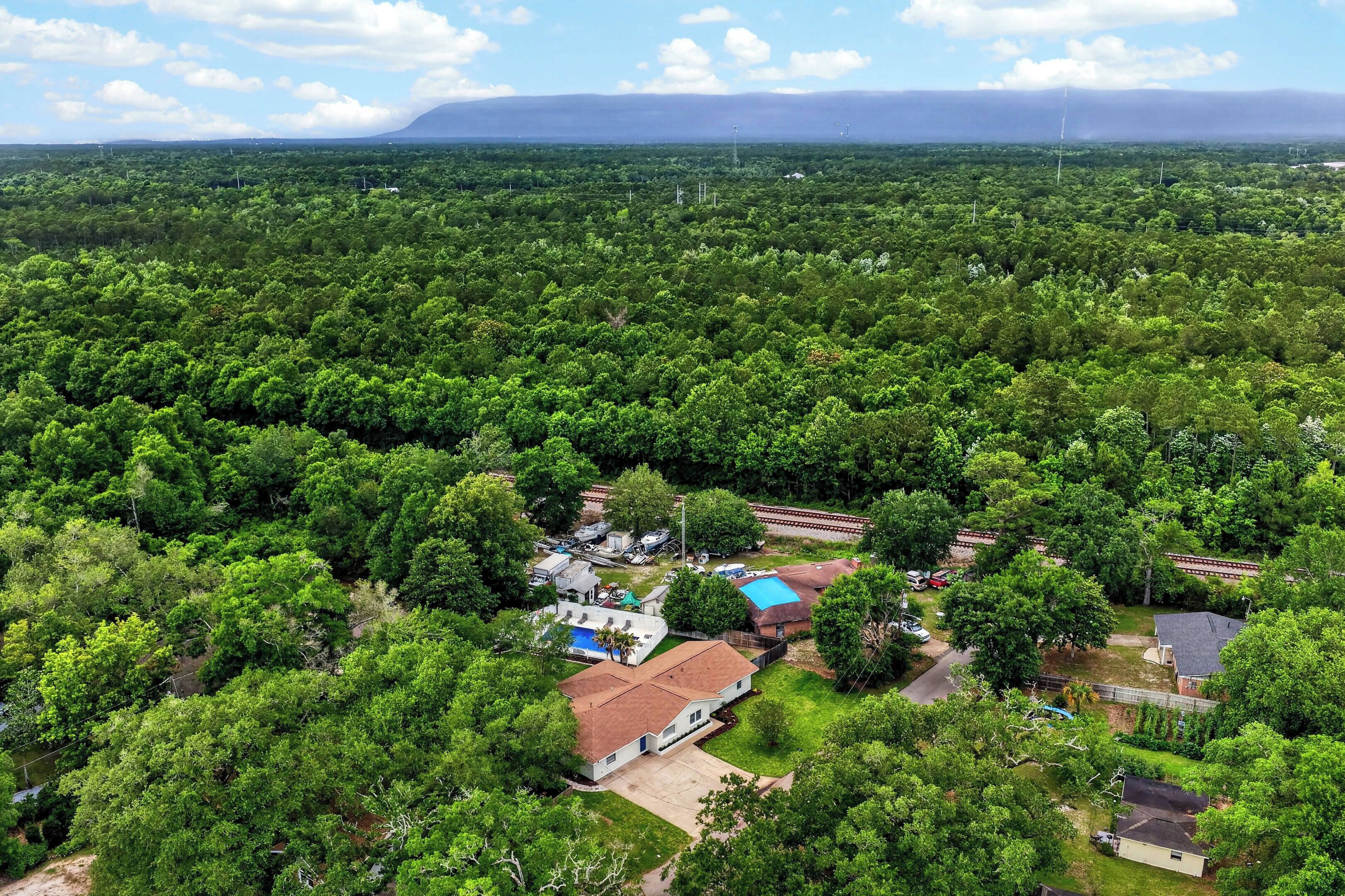 A residential area with houses surrounded by dense greenery, a swimming pool, and a clear sky.
