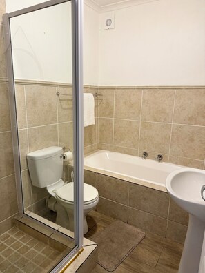 Regadera, bidet, toallas, jabón 